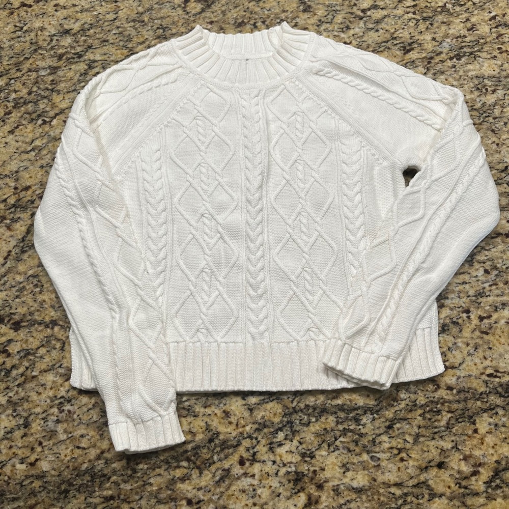 Gap‎ Womens Ivory Cable Knit Crewneck Sweater Medium White Raglan Long Sleeve